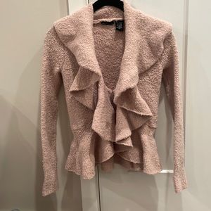 Blush pink boucle cardigan ruffle sweater